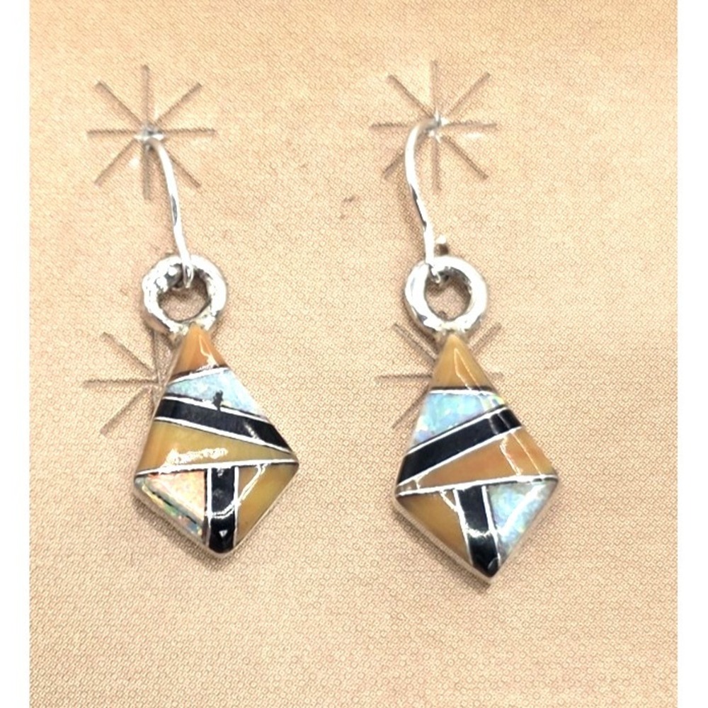 Multi-Gemstone Dangle Earrings Diamond Opal Onyx Handmade Sterling Silver 925 - Picture 5 of 10